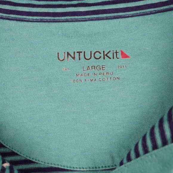 Untuckit Mens Large Segura Polo Shirt Teal & Navy Striped‎ 100% Pima Cotton - Picture 3 of 7